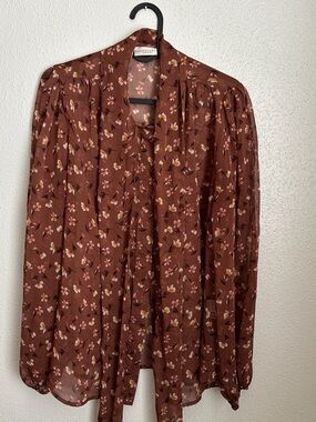 eva mendes for New York & Company Brown Floral Tie-Neck Blouse
